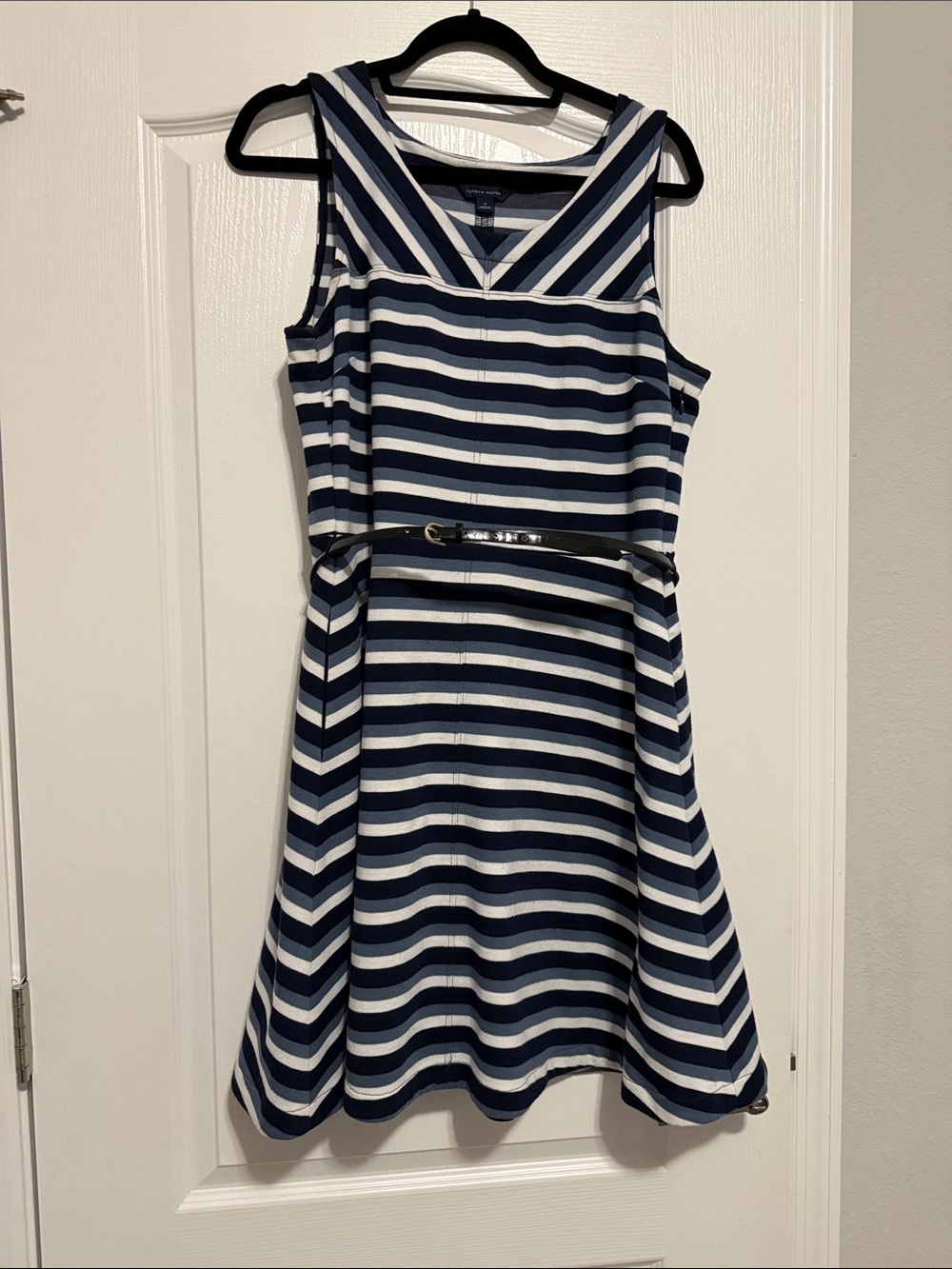 Navy and White Striped Sleeveless Fit-and-Flare Dress